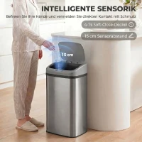 HOMCOM 48 L Sensor-Mülleimer für Küche oder Büro, automatische Schließ-Funktion, Edelstahl, Silberton(m-4)