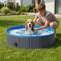 PawHut Foldable Dog Pool for Puppies and Ducks Dog Paddling Pool Bath Tub, Dark Grey, 100 x 30 cm(m-2)