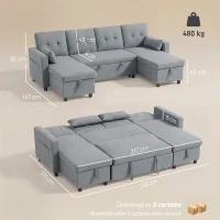 HOMCOM Divano Angolare 4 Posti con Funzione Letto e Contenitore a U, Divano con Chaiselongue, Schienale Regolabile, Effetto Lino(m-3)