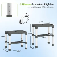 HOMCOM Tabouret de Douche Hauteur Ajustable avec Étagère Intégrée et Barre d'Appui à Ventouse pour Seniors et Handicapés, Gris(m-3)