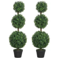 HOMCOM Lot de 2 arbres artificiels 101,6 cm 3 boules de buis topiaires fausse plante vert PE avec pot intérieur et extérieur(m-12)