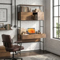 HOMCOM Bureau d'ordinateur avec 2 tiroirs, 100 x 45 x 185 cm, bureau avec rangement, 2 portes et étagères ouvertes, marron(m-9)
