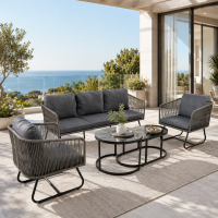 Space-Saving Outdoor Garden Lounge Set with Glass Coffee Table, Adjustable Foot Pads, Versatile Sofa Set for Patio, Porch, Backyard, Grey