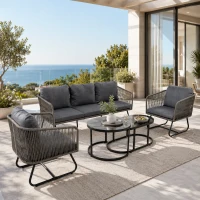 Space-Saving Outdoor Garden Lounge Set with Glass Coffee Table, Adjustable Foot Pads, Versatile Sofa Set for Patio, Porch, Backyard, Grey(m-1)