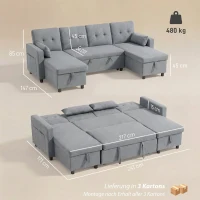 HOMCOM Canapé d'angle avec fonction couchage et coffre en U 4 places Canapé avec chaiselongue, dossier réglable, aspect lin(m-3)