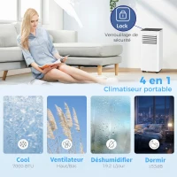 HOMCOM Climatiseur mobile 7000 BTU/H 4 en 1 refroidissement, ventilateur, déshumidificateur minuterie 24H et télécommande, blanc(m-4)