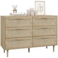 HOMCOM Cómoda para Dormitorio con 6 Cajones con Frontal de Ratán Patas de Madera Cajonera Estilo Bohemio 110x40x75 cm Roble(m-9)