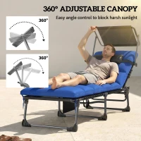 Outsunny Folding Sun Loungers Set of 2 with Canopy, Reclining Sunbed with Cushion, Side Pocket, Carrying Handle, Dark Blue(m-4)
