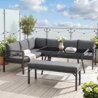 Outsunny 4 Piece L-shaped Garden Furniture Set 8-Seater Aluminium Outdoor Dining Set Conversation Sofa Set w/ Bench, Dining Table & Cushions, Grey(m-12)