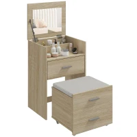 HOMCOM Tavolo da Trucco con Specchio a Ribalta, Cassetti e Sgabello, in Legno e Tessuto Effetto Lino, color Legno(m-11)