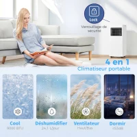 HOMCOM Climatiseur mobile 9000 BTU/H 3 en 1 refroidissement ventilateur déshumidificateur minuterie 24H et télécommande blanc(m-4)