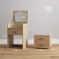 HOMCOM Tavolo da Trucco con Specchio a Ribalta, Cassetti e Sgabello, in Legno e Tessuto Effetto Lino, color Legno(m-3)