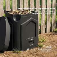 Outsunny Compostor de Grădină 240L Triunghiular Rotativ cu 66 Guri de Aerisire și 3 Uși, din PP, 78x75x78 cm, Negru(m-7)