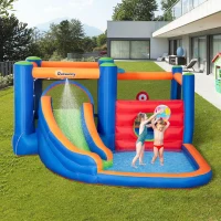 Outsunny springkasteel, met ruches, springkussen, zwembad, opblaasbaar, incl. elektrische pomp, voor maximaal 3 kinderen, 380 x 340 x 170 cm(m-2)