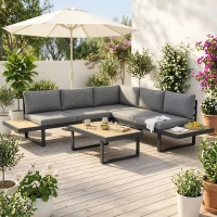 Outsunny Set de Grădină 4 Piese din Aluminiu cu 2 Canapele, Fotoliu Colțar și Măsuță de Cafea, Gri și Teak(m-9)