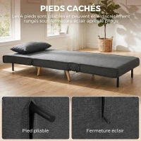 HOMCOM Canapé-lit 1 place avec dossier réglable, coussin inclus et pieds pliables charge 120 kg gris(m-7)