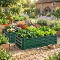 Outsunny Set of 2 Raised Beds for Garden, Galvanised Outdoor Planters for Herbs Vegetables, Use for Patio Balcony, Green(m-7)