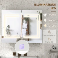 kleankin Specchio Bagno Contenitore con Luce LED, 80 x 65cm Mobile Bagno con Specchio, Anta Soft Close, Dimmerabile a 3 Colori, Ripiani Regolabili, Bianco Lucido(m-4)