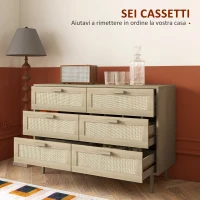 HOMCOM Cassettiera 6 Cassetti in Legno e Rattan Stile Boho per Soggiorno e Camera da Letto, 110x40x75 cm(m-4)