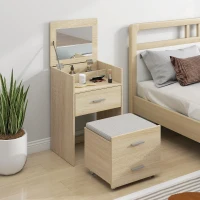 HOMCOM Tavolo da Trucco con Specchio a Ribalta, Cassetti e Sgabello, in Legno e Tessuto Effetto Lino, color Legno(m-2)