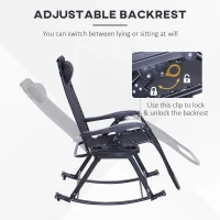 Outsunny Foldable Garden Rocking Chair, Outdoor Recliner Sun Lounger with Breathable Mesh Fabric, Zero-Gravity Seat with Headrest and Cup Holder Tray, Black(m-7)