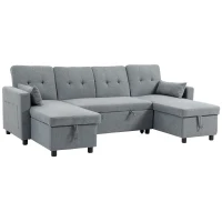HOMCOM Canapé d'angle avec fonction couchage et coffre en U 4 places Canapé avec chaiselongue, dossier réglable, aspect lin(m-1)