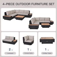 Outsunny 4 PCs Rattan Garden Furniture - Outdoor Sectional Corner Sofa and Coffee Table Set, Conservatory Wicker Weave Furniture with Armrest and Cushions, Black(m-16)