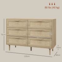 HOMCOM Cómoda para Quarto com 6 Gavetas e Frontal de Vime Pés de Madeira Estilo Bohemio 110x40x75 cm Madeira(m-3)