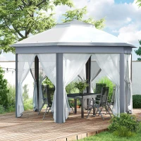 Outsunny Vouwtent 4 x 4m, Zeshoekig Ontwerp, Netgordijnen, Waterafstotend, Ventilatiedak, Grijs+Wit(m-14)