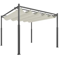 Outsunny Tuin Pergola, 3 x 3 m, Uitschuifbaar Dak en Magneetpad, Buiten Luifel, Tuinpaviljoen, UPF30+, Metaal, Crèmewit(m-14)