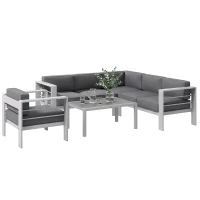 Outsunny Five-Piece Aluminium Garden Sofa Set, with Glass-Top Table - Grey(m-11)