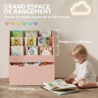AIYAPLAY Bibliothèque pour enfants Multi-Rangement avec 3 niveaux d'étagères et un tiroir, 62,5L x 30l x 70H cm, rose(m-4)