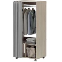 HOMCOM Armoire penderie armoire de rangement mobile avec rideau, tringle de suspension, 60 x 40 x 128 cm, effet bois naturel(m-1)