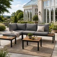Space-Saving L-Shaped Corner Sofa with Wooden Table, Iron Frame, Outdoor Garden Lounge Set for 4 People, 145L x 60W x 80H cm, Grey(m-7)