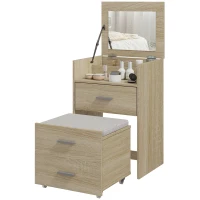 HOMCOM Tavolo da Trucco con Specchio a Ribalta, Cassetti e Sgabello, in Legno e Tessuto Effetto Lino, color Legno(m-10)