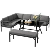 Outsunny 4 Piece L-shaped Garden Furniture Set 8-Seater Aluminium Outdoor Dining Set Conversation Sofa Set w/ Bench, Dining Table & Cushions, Grey(m-13)