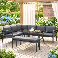 Outsunny 4 Piece L-shaped Garden Furniture Set 8-Seater Aluminium Outdoor Dining Set Conversation Sofa Set w/ Bench, Dining Table & Cushions, Grey(m-11)