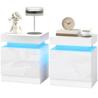 HOMCOM Lot de 2 Tables de Chevet LED 16 Couleurs & 4 Modes avec 2 Tiroirs, en Bois, 45x35x52 cm, Blanc Laqué(m-1)