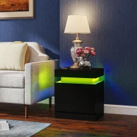 HOMCOM Set 2 Mesitas LED de 16 Colores y 4 Modos con 2 Cajones en Madera 45x35x52 cm Negro(m-5)