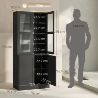 HOMCOM Vitrina-estantería, mueble de almacenamiento de 6 niveles con 4 puertas, 2 en vidrio templado, estantes regulables, negro(m-3)