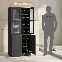 HOMCOM Bibliotecă vitrină, mobilier de depozitare cu 6 niveluri cu 4 uși dintre care 2 din sticlă securizată, rafturi reglabile, negru(m-3)