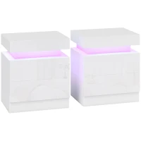 HOMCOM Set de 2 Mesitas LED de 16 Colores y 4 Modos con 2 Cajones en Madera 45x35x52 cm Blanco Brillante(m-1)