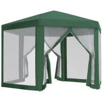 Outsunny Gazebo 4x4 m da Giardino Esagonale con Pareti in Rete, 2 Porte e Gambe Regolabili, Gazebo in Metallo e Poliestere con Picchetti e Funi, Verde(m-1)