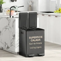 HOMCOM Coș de gunoi pentru bucătărie din oțel inoxidabil cu 2 compartimente 2x20L Pedală Capace cu închidere lină și găleată detașabilă Negru(m-5)