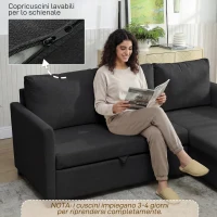 HOMCOM Divano Letto Angolare Effetto Lino con Vano Portaoggetti a Scomparsa, 192x148x86 cm, Grigio Antracite(m-8)