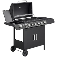 Outsunny Barbecue a Gas con Coperchio, 7 Bruciatori da 20kW, Fornello Laterale e 2 Ruote, 135x50x100 cm, Nero(m-1)