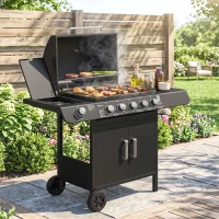 Outsunny Barbecue a Gas con Coperchio, 7 Bruciatori da 20kW, Fornello Laterale e 2 Ruote, 135x50x100 cm, Nero(m-12)