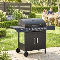 Outsunny Barbecue a Gas con Coperchio, 7 Bruciatori da 20kW, Fornello Laterale e 2 Ruote, 135x50x100 cm, Nero(m-13)