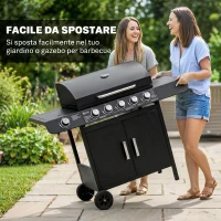 Outsunny Barbecue a Gas con Coperchio, 7 Bruciatori da 20kW, Fornello Laterale e 2 Ruote, 135x50x100 cm, Nero(m-8)