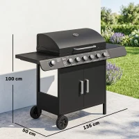 Outsunny Barbecue a Gas con Coperchio, 7 Bruciatori da 20kW, Fornello Laterale e 2 Ruote, 135x50x100 cm, Nero(m-3)